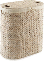 Casafield Oval Laundry Hamper with Lids and Removable Liner Bags - Whitewash, Woven Water Hyacinth 2-Section Laundry Basket Sorter for Clothes, Towels