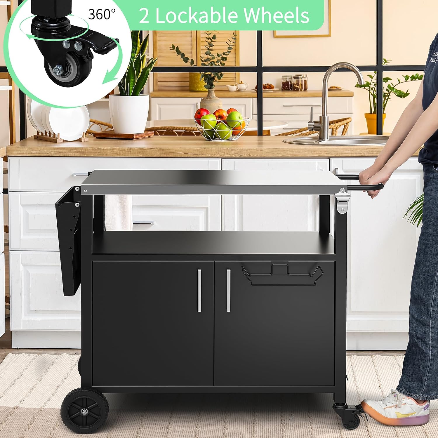 Shintenchi Outdoor Grill Cart Table with Stainless Steel Top for Kitchen Prep & BBQ, Outdoor Kitchen Island Table with Side Handle, Multifunctional Outdoor Grill Table, Black