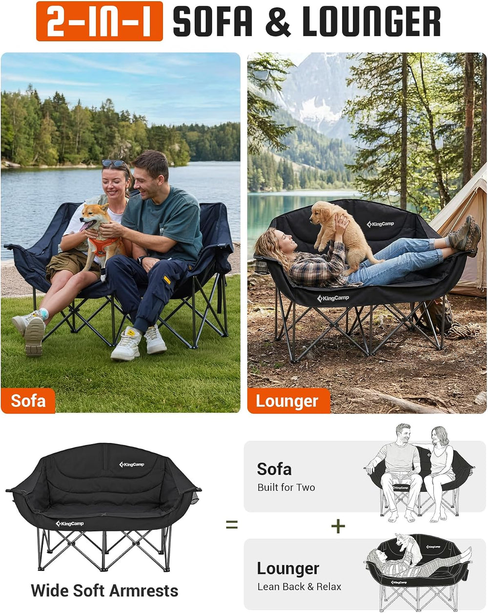 KingCamp Double Camping Chair, Heavy Duty 660lbs Folding 2 Person Chair | Por...