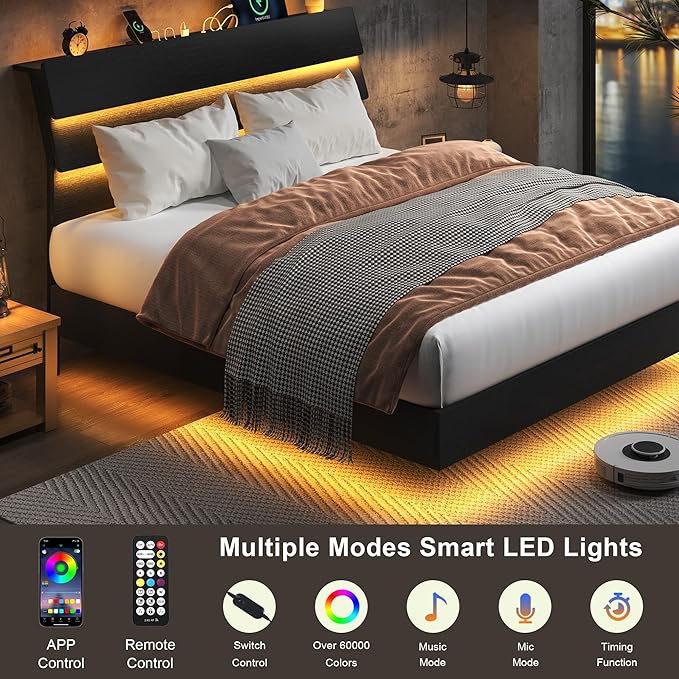 Feonase Floating Bed Frame Queen Size with Led Lights and Charging Station, Wood Queen Bed Frame with Storage Headboard, Heavy Duty Metal Slats, No Box Spring Needed, Easy Assembly, Black