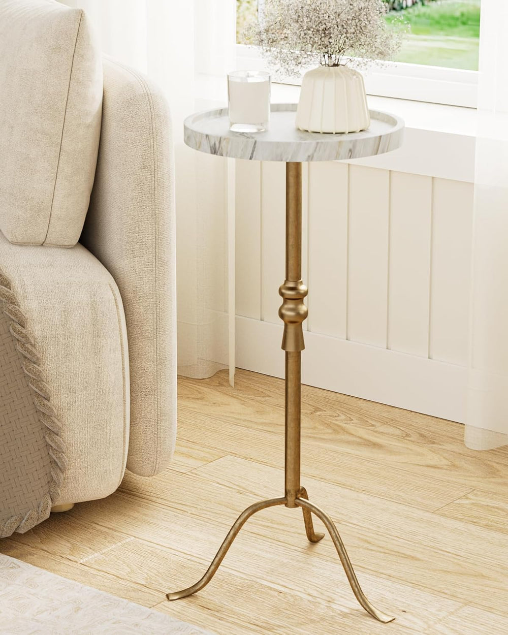 Brass Distressed Iron Round Pedestal End Table, 25 Inch Vintage Martini Cockt...