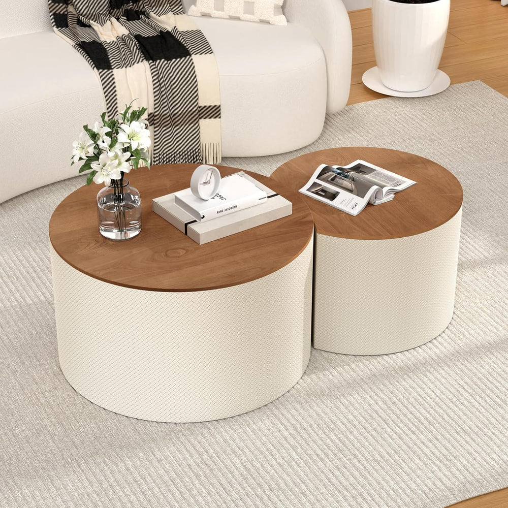 Nesting Coffee Table Set of 2, Modern Round Storage Coffee Table, (White) | W...