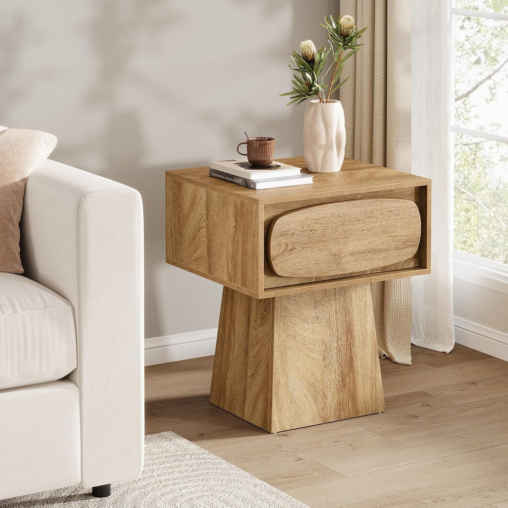 Tribesigns End Table with Storage Drawer, Modern Wooden Side Table with Curve...