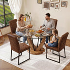 48 Inch Round Glass Dining Table Set for 4 | Tempered Glass Top, Wood Pedestal Base, 4 Brown Upholstered Chairs, Mid Century Modern Dining Room Set for Small Spaces