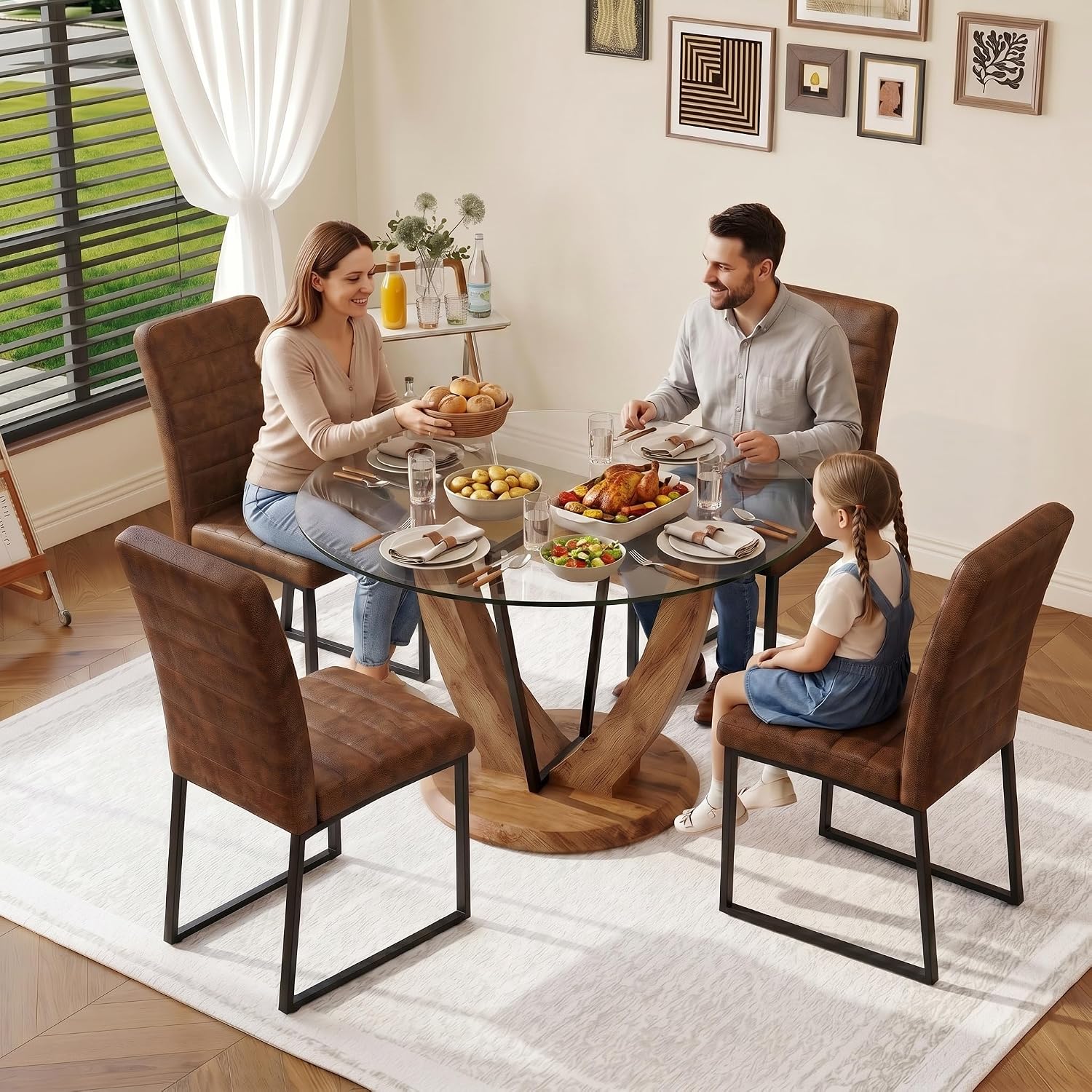 48 Inch Round Glass Dining Table Set for 4 | Tempered Glass Top, Wood Pedestal Base, 4 Brown Upholstered Chairs, Mid Century Modern Dining Room Set for Small Spaces