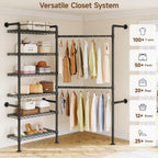 L2 Wall Mounted Closet System, Industrial Pipe Clothing Rack Clothes Racks with 2 Telescopic Rod & 6 Shelves, Heavy Duty Closet Organizers System in Wardrobe Closet, Black