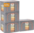 100L Large Storage Bags,Stackable Clothes Storage Bins with Hold Shape Metal Frame,Foldable Closet Organizer Containers with Zipper,Clear Window,Thick Fabric for Seasonal Clothing (Gray, 4 Pack)