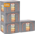 100L Large Storage Bags,Stackable Clothes Storage Bins with Hold Shape Metal Frame,Foldable Closet Organizer Containers with Zipper,Clear Window,Thick Fabric for Seasonal Clothing (Gray, 4 Pack)