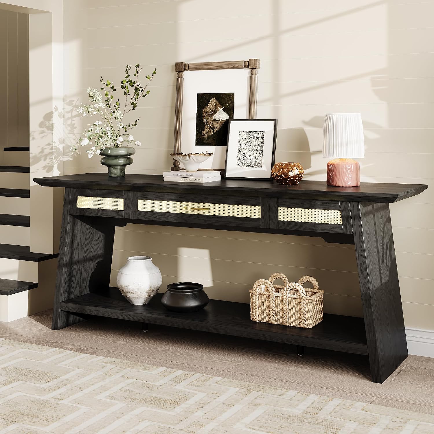 iPormis 70.9 Inches Rattan Entryway Table with Drawer, Narrow Long Console Table Behind Sofa, Modern Entry Accent Hallway Table for Living Room, Behind Couch, Entrance, Black