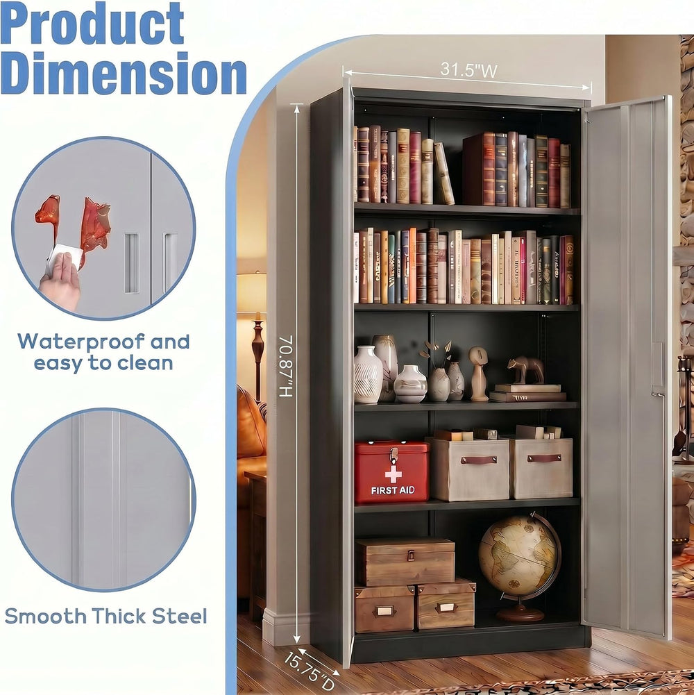 71-Inch Lockable Metal Storage Cabinet, Black and Gray | 15.75"D x 31.50...