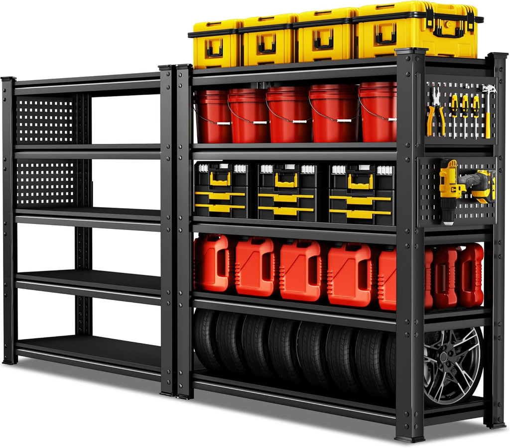SILVEL 48.2" W Garage Shelving, 5000LBS Heavy Duty Metal Shelving, 2025 Solid Storage Shelves with 2 Side Pegboards, Industrial 5 Tier Shelves for Basement Pantry Warehouse Supermarket, 2 Pack