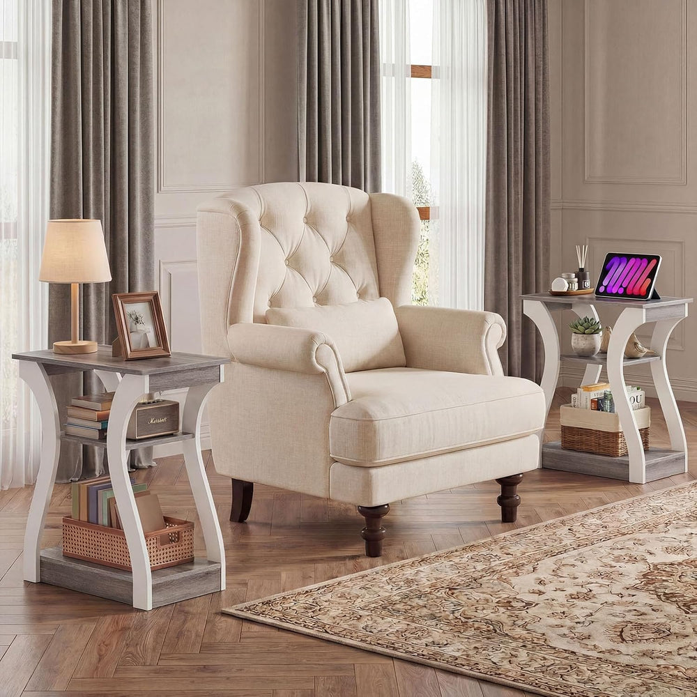 OLIXIS End Table with Charging Station, Modern Curved Nightstand Set of 2