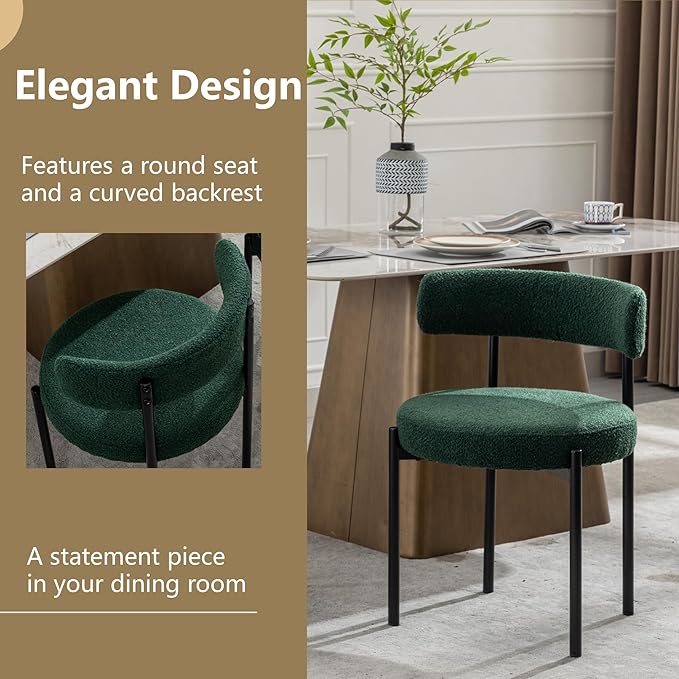 Boucle Dining Chairs Set of 4, Green Dining Chairs with Upholstered Seat and Round Back, Mid-Century Modern Kitchen Chairs for Dining Room, Restaurant