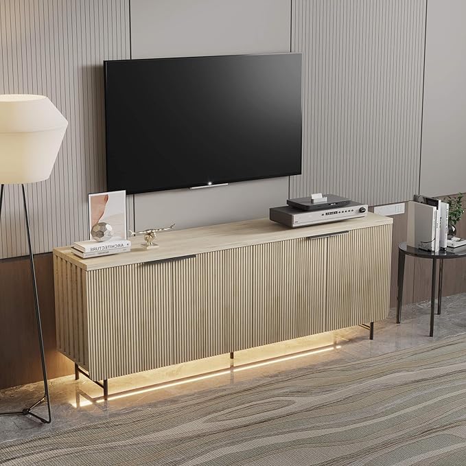 Fluted TV Stand with Led Light, Oak 68" Entertainment Center with Storage, Television Stands for 55/60/65/70/75 inch TV, Mid Century TV Console, Media Console, Sideboard Cabinet for Bedroom