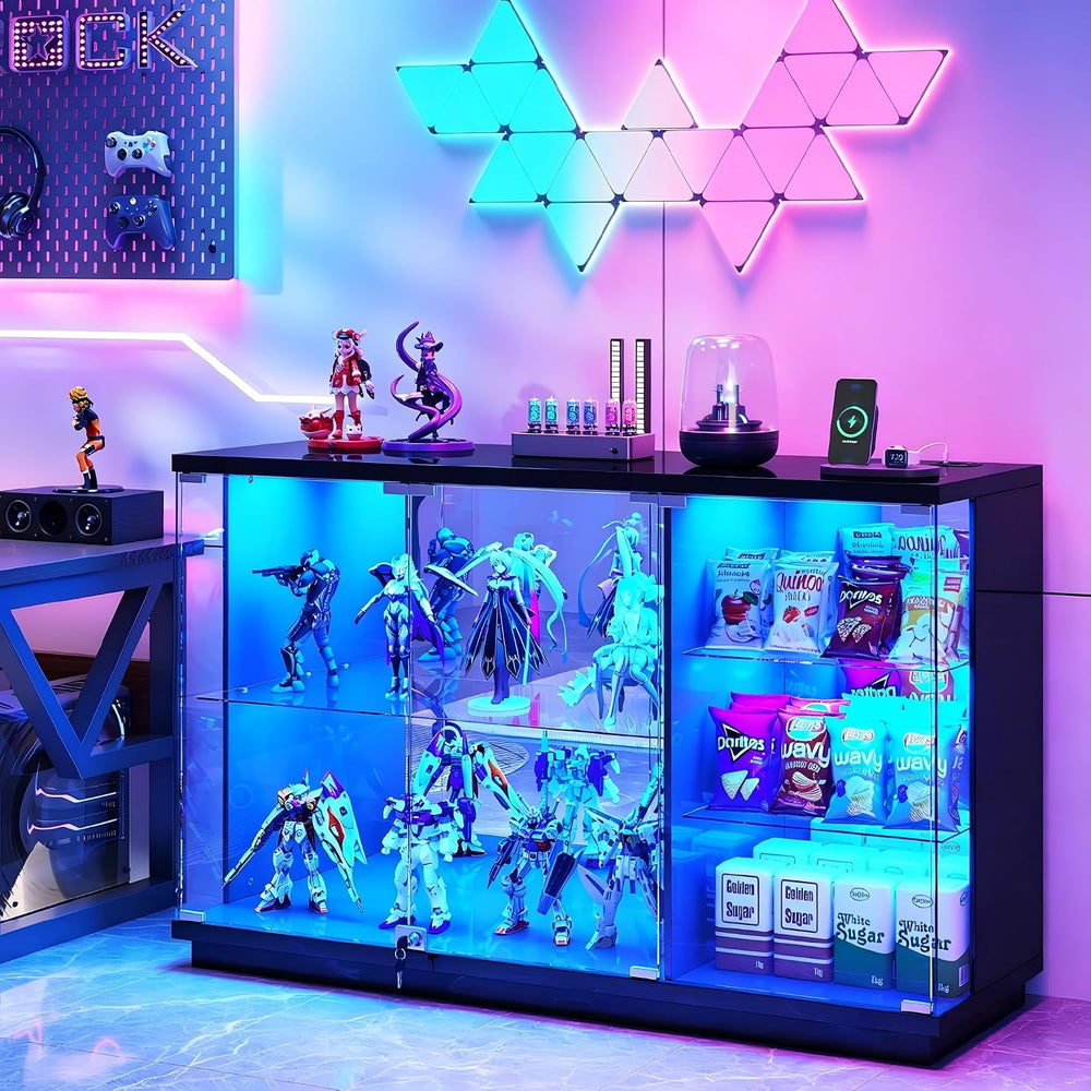 Gurexl 47.2" W Glass Display Cabinet with 3-Color LED Lights, 5-Tier Loc...