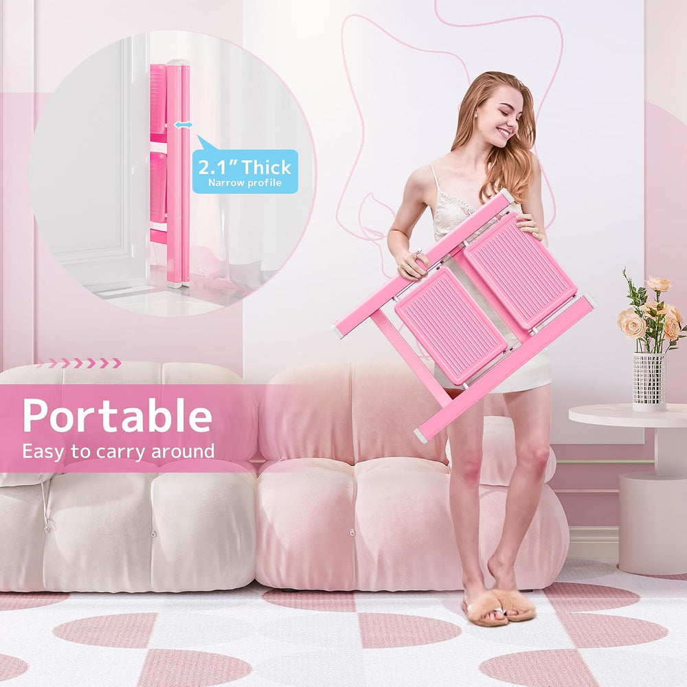 2 Step Ladder, Foldable Step Stool with Widened Pedal, Pink