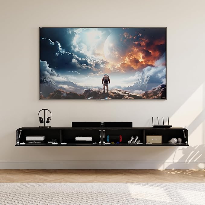POVISON Fully-Assembled Minimalist Floating TV Stand, Modern Wall-Mounted Entertainment Center with 4 Flip-Down Cabinet Doors, Solid Wood Media Console, Black Oak, 94"