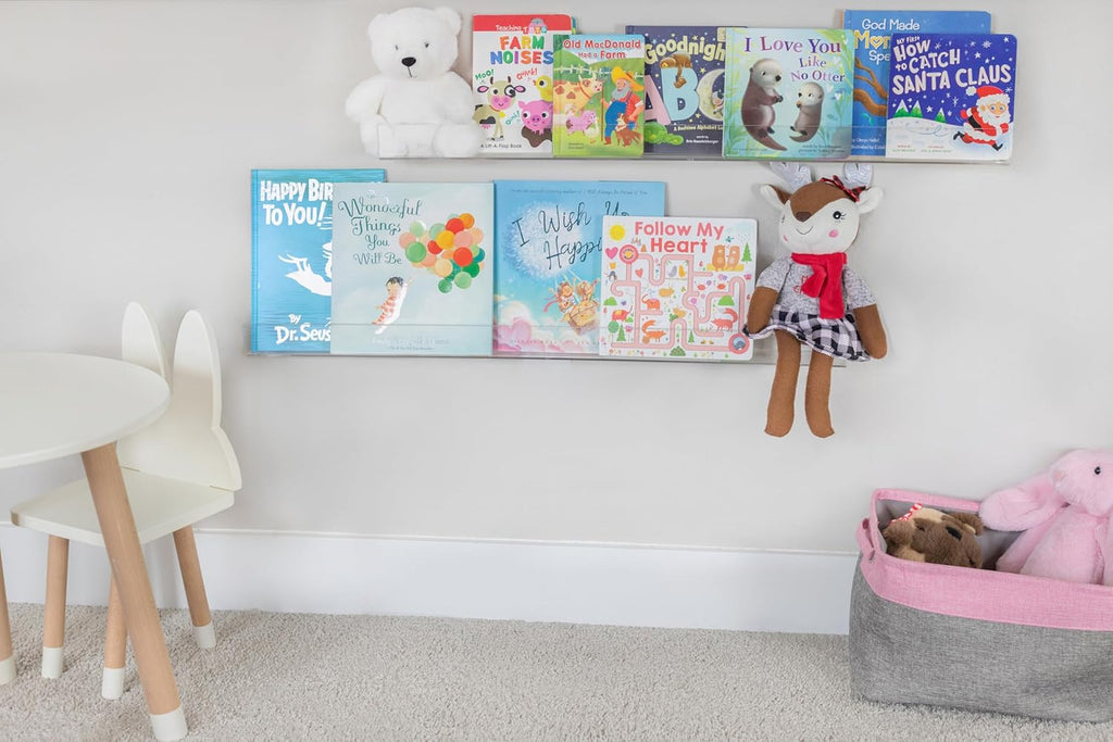 Rebecca Luxurious Acrylic Floating Shelves for Wall - 2 Pack of 16" x 2" x 4" - 5mm Thick Clear Book Shelf for Bathroom, Bedroom, Nursery, Kids Room with Easy Installation Hardware – Cute Bookshelf