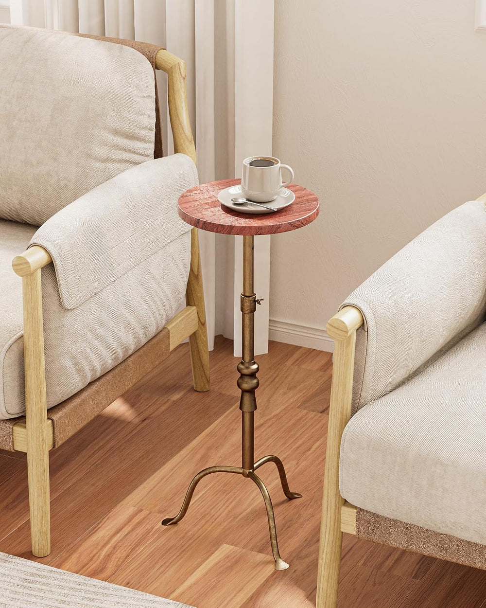 Adjustable Height Round Pedestal Table - 10x10x22-30 Inch, Red Travertine | T...