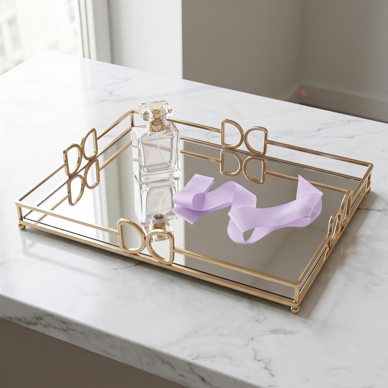 13X 10 Inch Glass and Gold Rectangle Tray ，Dinner Plate Perfume and Vanity Tray - Decorative Mirrored Vanity Tray with Gold Metal Cutout Design, Jewelry Organizer (13 Inch DD Tray)