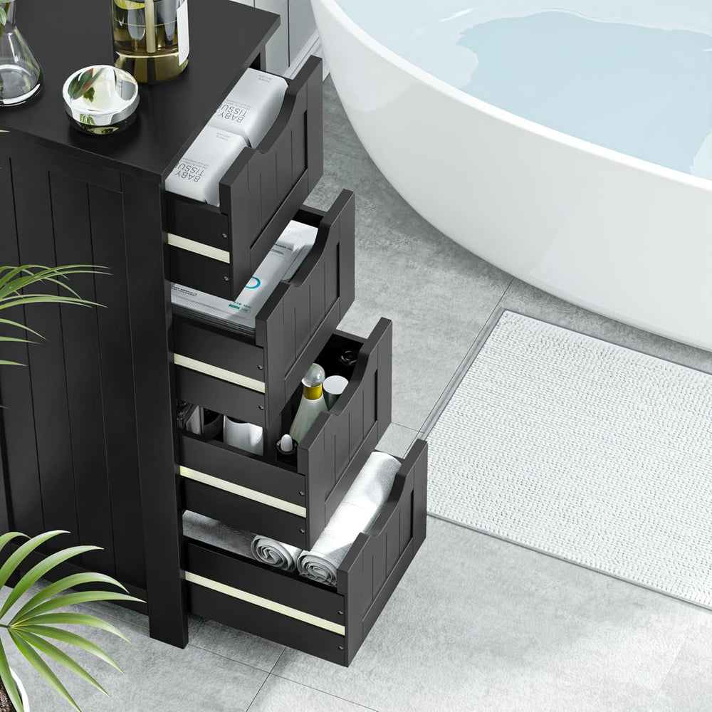 Bathroom Floor Storage Cabinet, Freestanding Wooden Side Organizer w/4 Drawer...