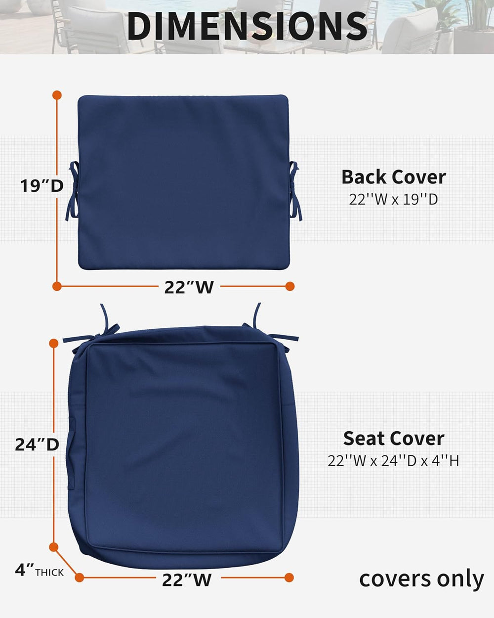 Thick Outdoor Back&Seat Cushion Covers 22×24×4in 12Pcs for Patio Furnitur...