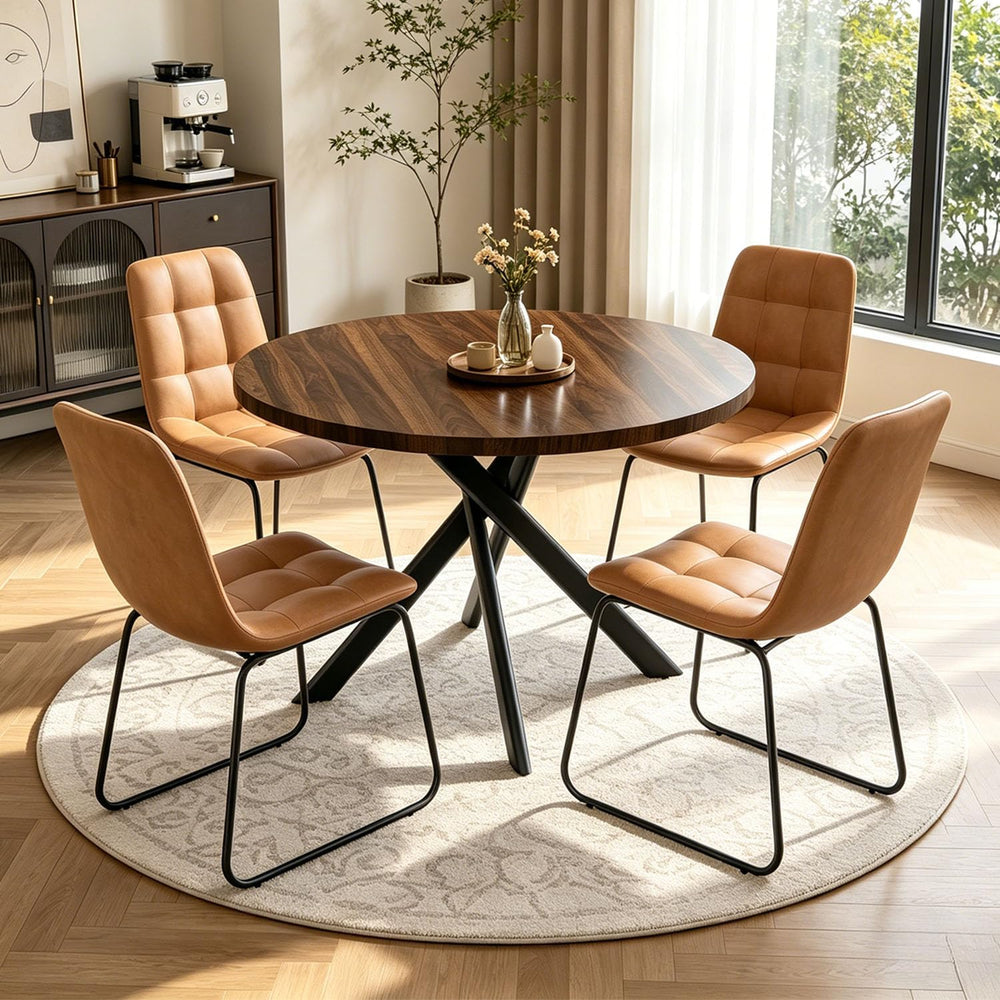 44" Round Dining Table Set for 4, Modern X-Shaped Metal Leg Table | Cush...
