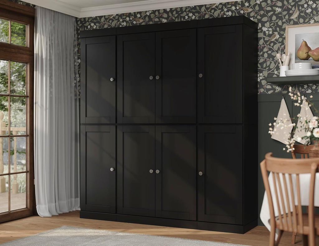 Palace Imports Solid Wood Pantry Storage - 71.5" Tall x 65" W - Utility Cabinet w/ 8 Shaker Doors, 2 Drawers, 12 Adjustable Shelves - Kitchen Cupboard - Black, 100% Eco-Friendly Wood, Made in Brazil
