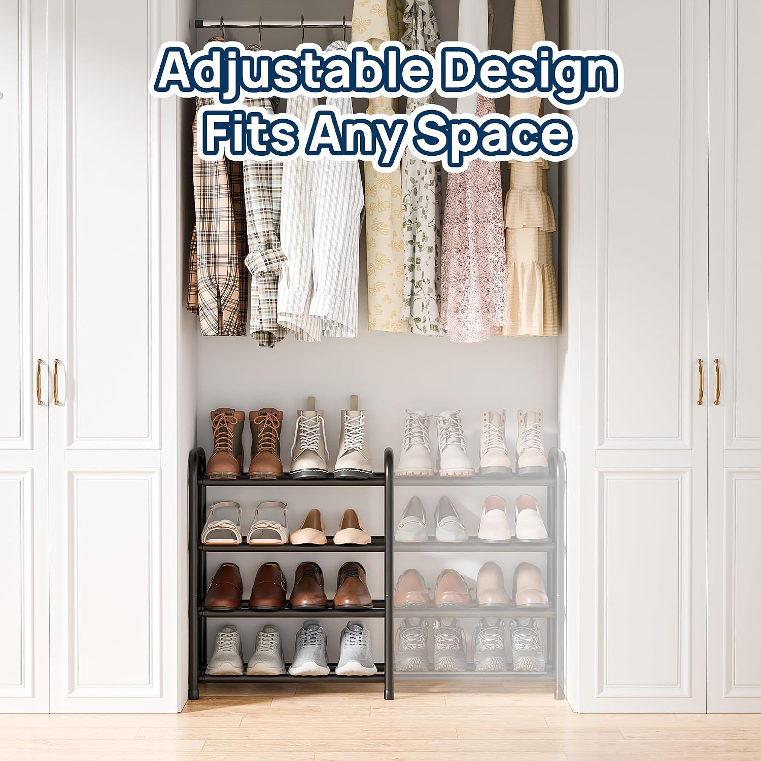 ENJOYBASICS 4 Tier Expandable Shoe Rack for Closet, Free Standing Metal Shoe Shelf Storage Organizer Holder 16 Pairs, Adjustable Width Shoe Rack for Entryway Small Space, Black