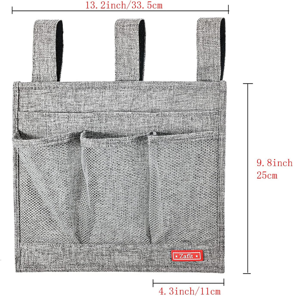 Linen Bedside Caddy, Bedside Storage Organizer for Hospital Beds, College Dorm Rooms or Baby Bed (Classic 4 Pockets Grey)