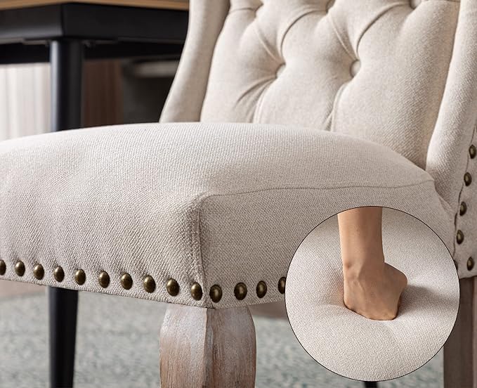 Upholstered Dining Chairs Set of 2 for Kitchen and Dining Room Farmhouse Fabric Tufted Accent Chairs for Living Room and Bedroom with Wooden Legs, Cream
