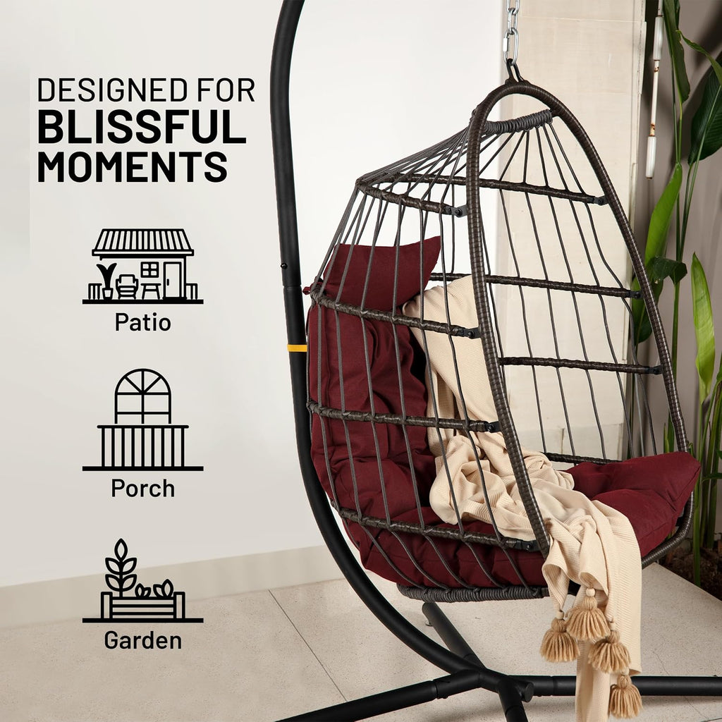 SereneLife Hanging Egg Chair w/Stand - Wicker Rattan Swing, Padded Cushion | Foldable Design, Weather-Resistant Cushion & Padded Headrest Included, 350 lb Capacity, Great for Patio, Backyard & Bedroom.