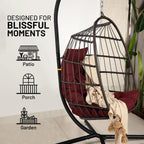 SereneLife Hanging Egg Chair w/Stand - Wicker Rattan Swing, Padded Cushion | Foldable Design, Weather-Resistant Cushion & Padded Headrest Included, 350 lb Capacity, Great for Patio, Backyard & Bedroom.
