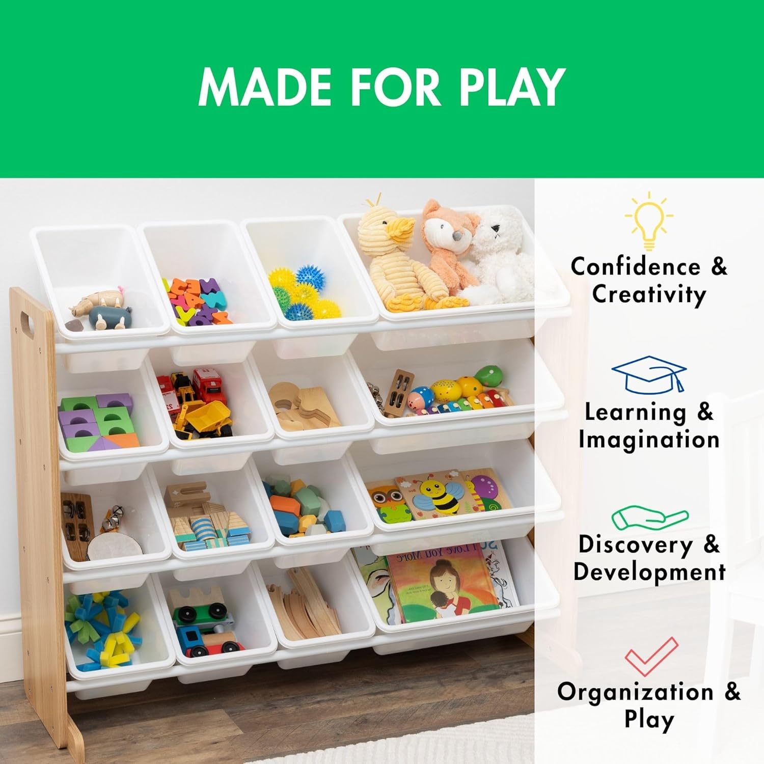 Humble Crew Supersized Toy Storage Organizer with 16 Removable Bins, Natural/White – Large Toy Storage for Toddlers Ideal for Kids' Rooms, Playrooms, and Nurseries - Modern Toy Bins for Kids