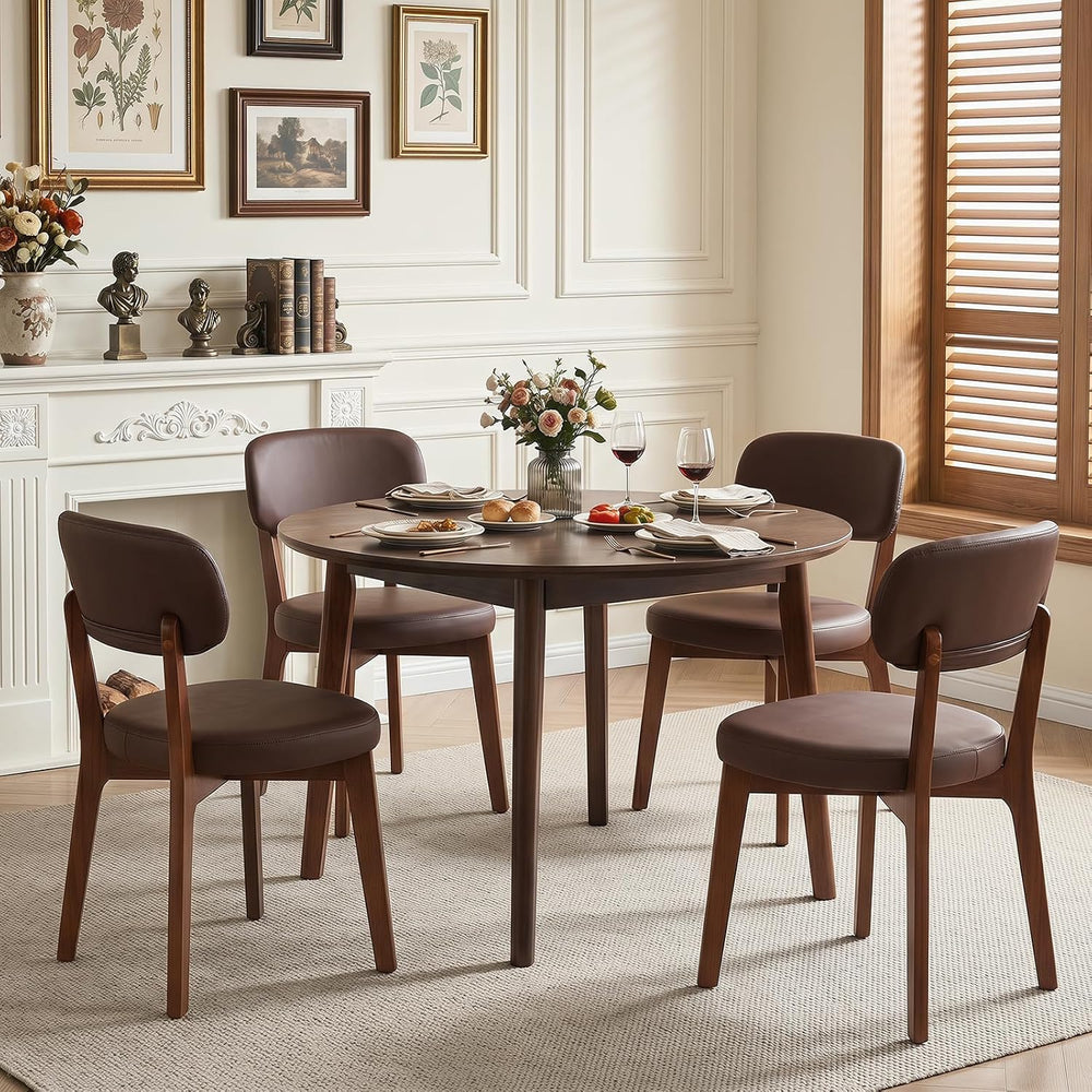 Furniliving Oak Wooden Dining Chairs Set of 4, Mid-Century Modern Leather Uph...