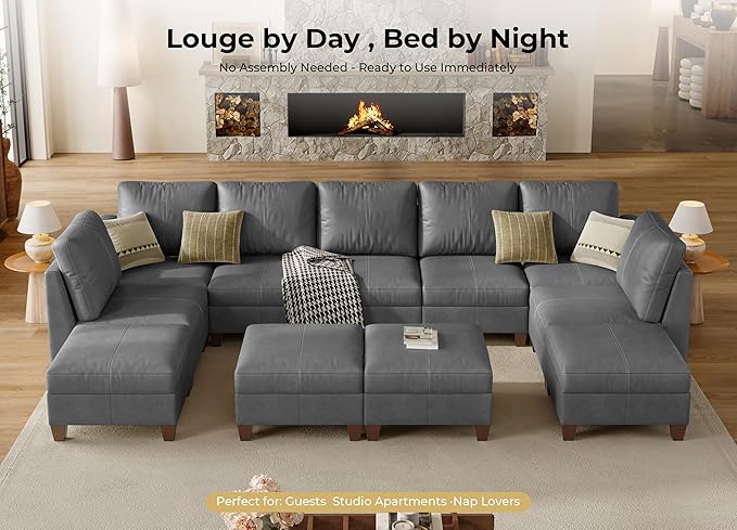 SITJOY 145" Faux Leather Modular Sectional Sofa with Storage, Mid Century Modern Sectional Couches for Living Room, Soft Padded Armrests, 11 Seat U Shaped Sofa Set with Chaise, Gray