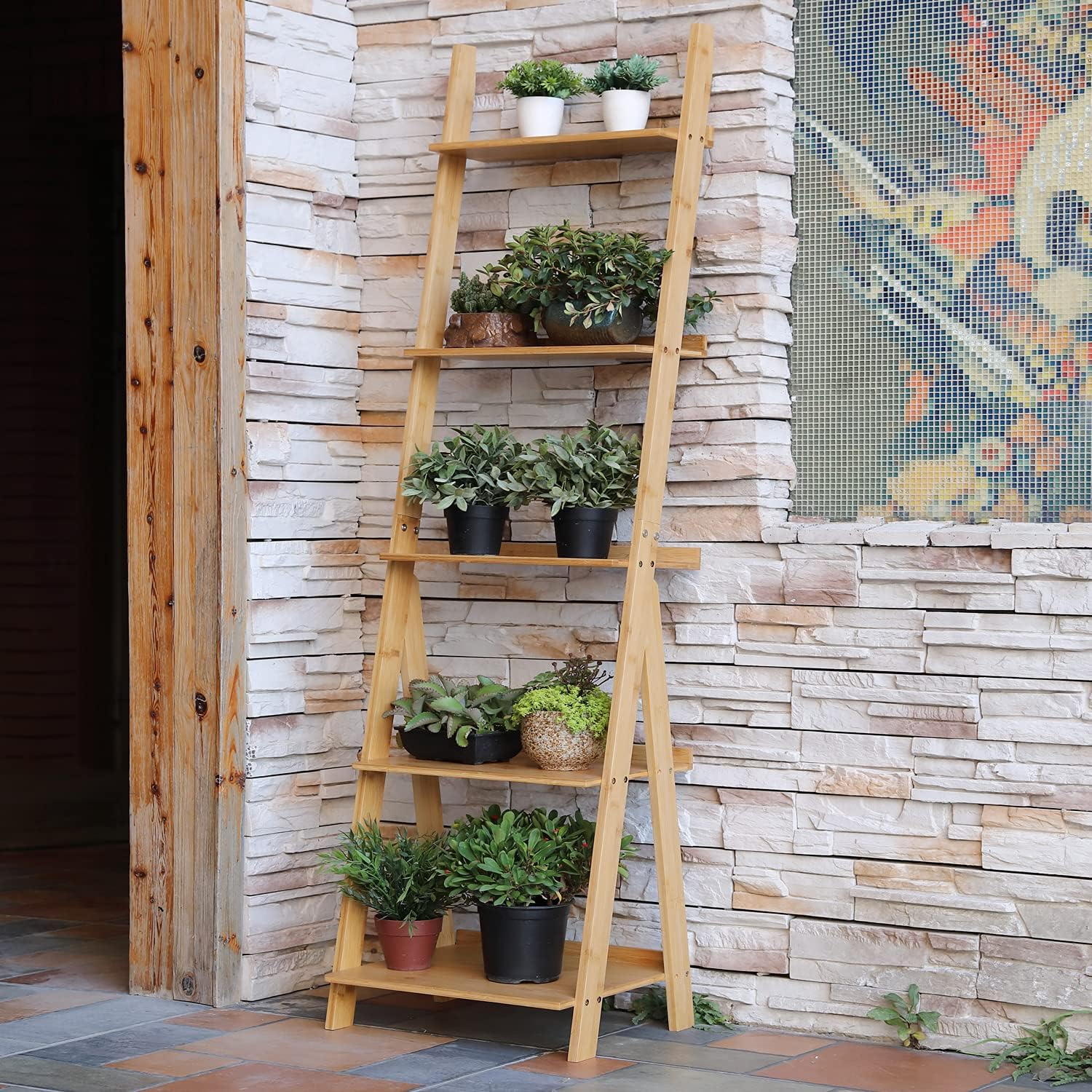 Corner Ladder Shelf Storage Shelving, 5 Tier Books/CDs/Albums/Files Holder in Living Room Home Office,Simple Assembly