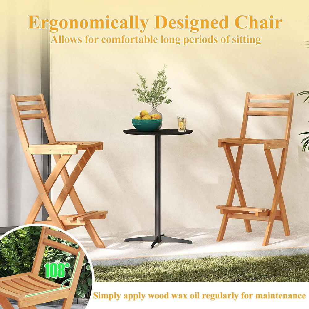 COSTWAY Outdoor Folding Bar Stool, Acacia Wood High Top Chairs with Slatted B...