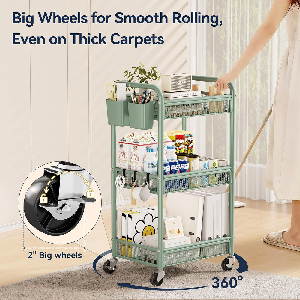 YASONIC 3 Tier Metal Rolling Cart, Green Utility Storage Cart with Wheels | M...