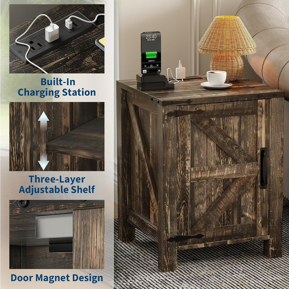 Takywep 18 Inch Nightstand with Charging Station, Farmhouse Wooden Bedside Ta...