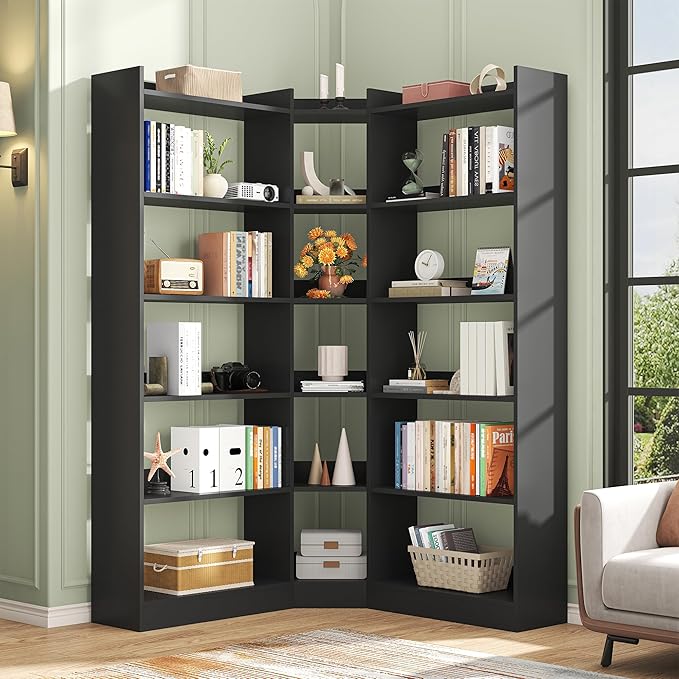 6 Tiers Corner Bookshelf, 63.1" Tall Modern Corner Etagere Bookcase Storage Display Rack Book Shelf with Baffle, Industrial L Shaped Bookshelves for Bedroom, Home Office, Living Room, Black