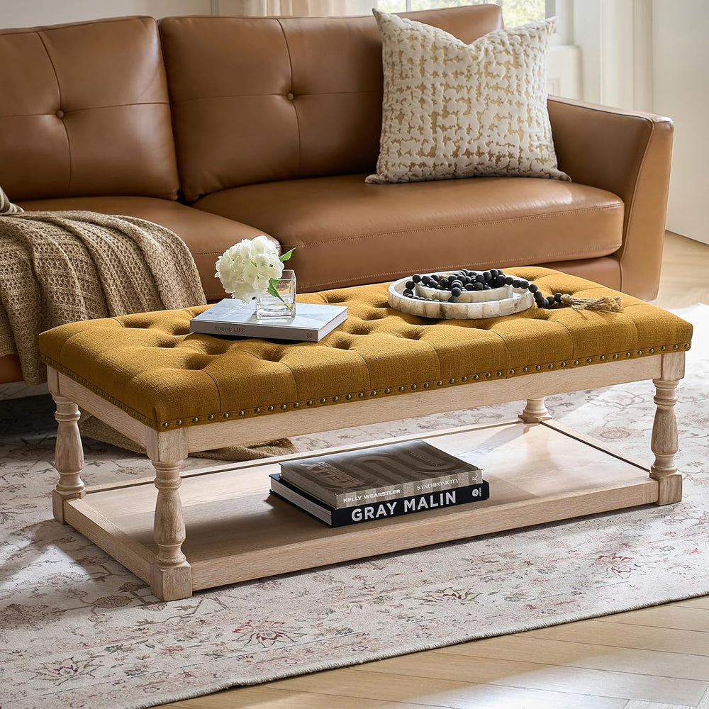 HULALA HOME Storage Tufted Ottoman Coffee Table with Solid Wood Legs, Golden