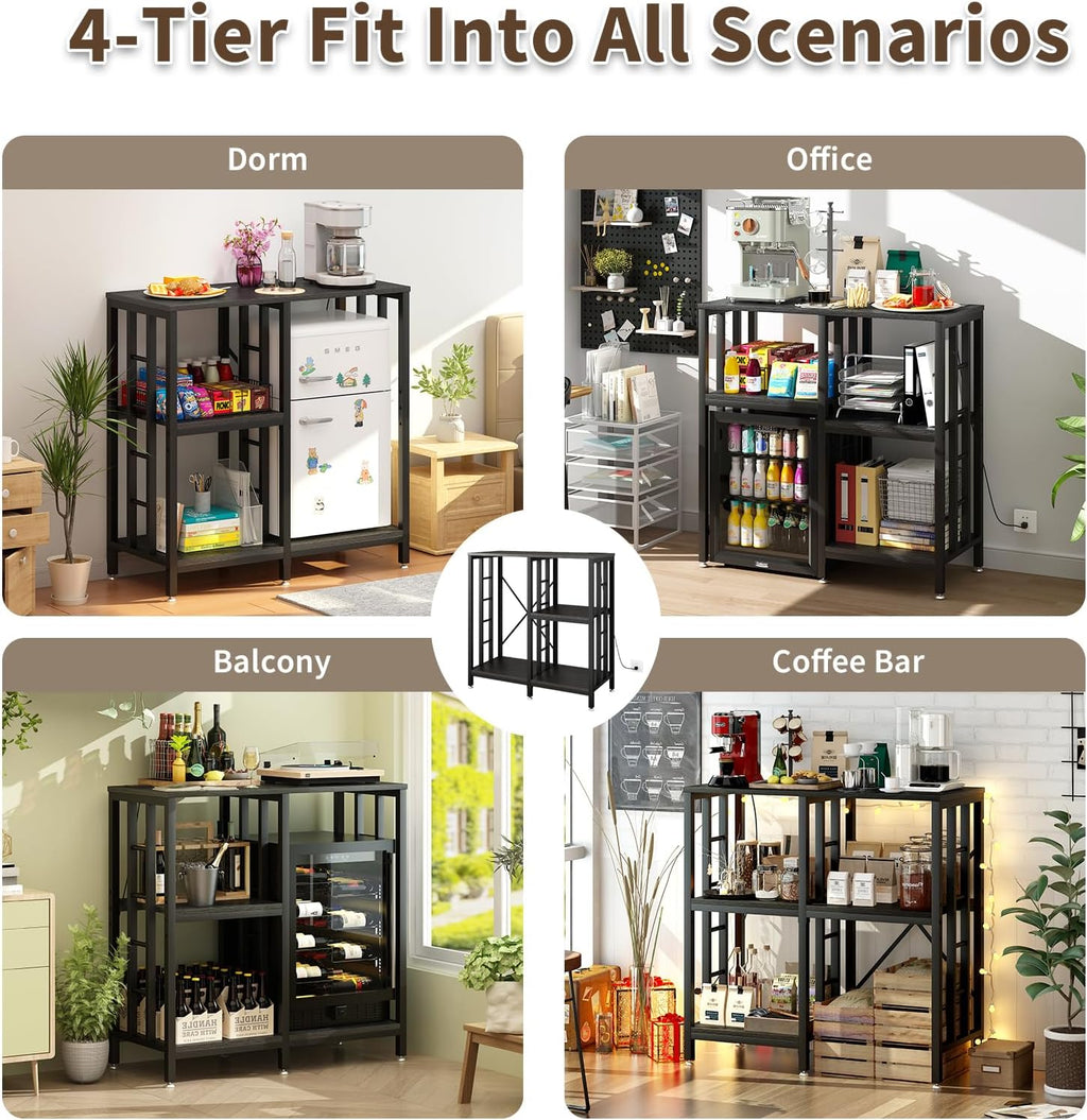 METYERRY Adjustable Kitchen Bakers Rack with Power Outlet,4-Tier Microwave Stand Kitchen Cart,Mini Fridge Stand with Storage,Bar Cabinet,Suitable for Office,Coffee Bar,Living Room,Patio, Black