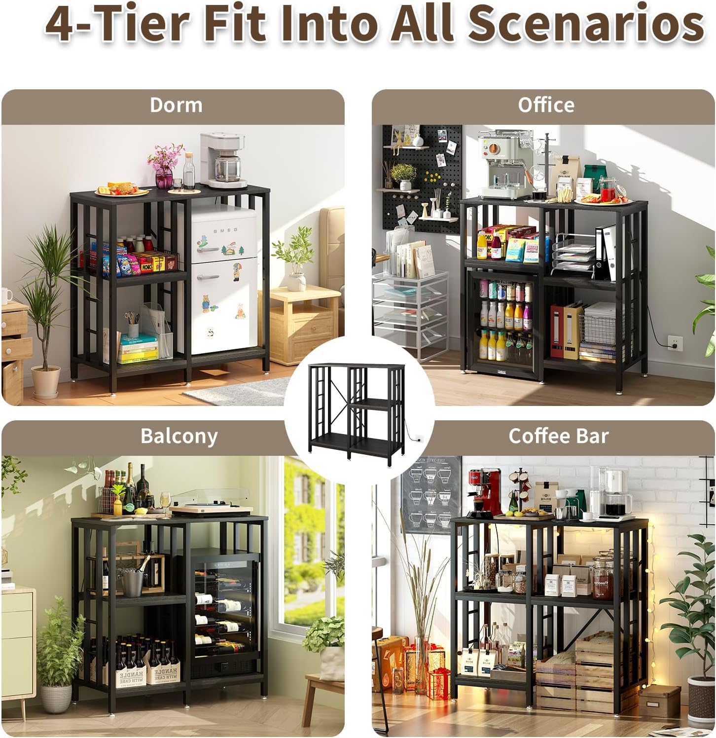 METYERRY Adjustable Kitchen Bakers Rack with Power Outlet,4-Tier Microwave Stand Kitchen Cart,Mini Fridge Stand with Storage,Bar Cabinet,Suitable for Office,Coffee Bar,Living Room,Patio, Black