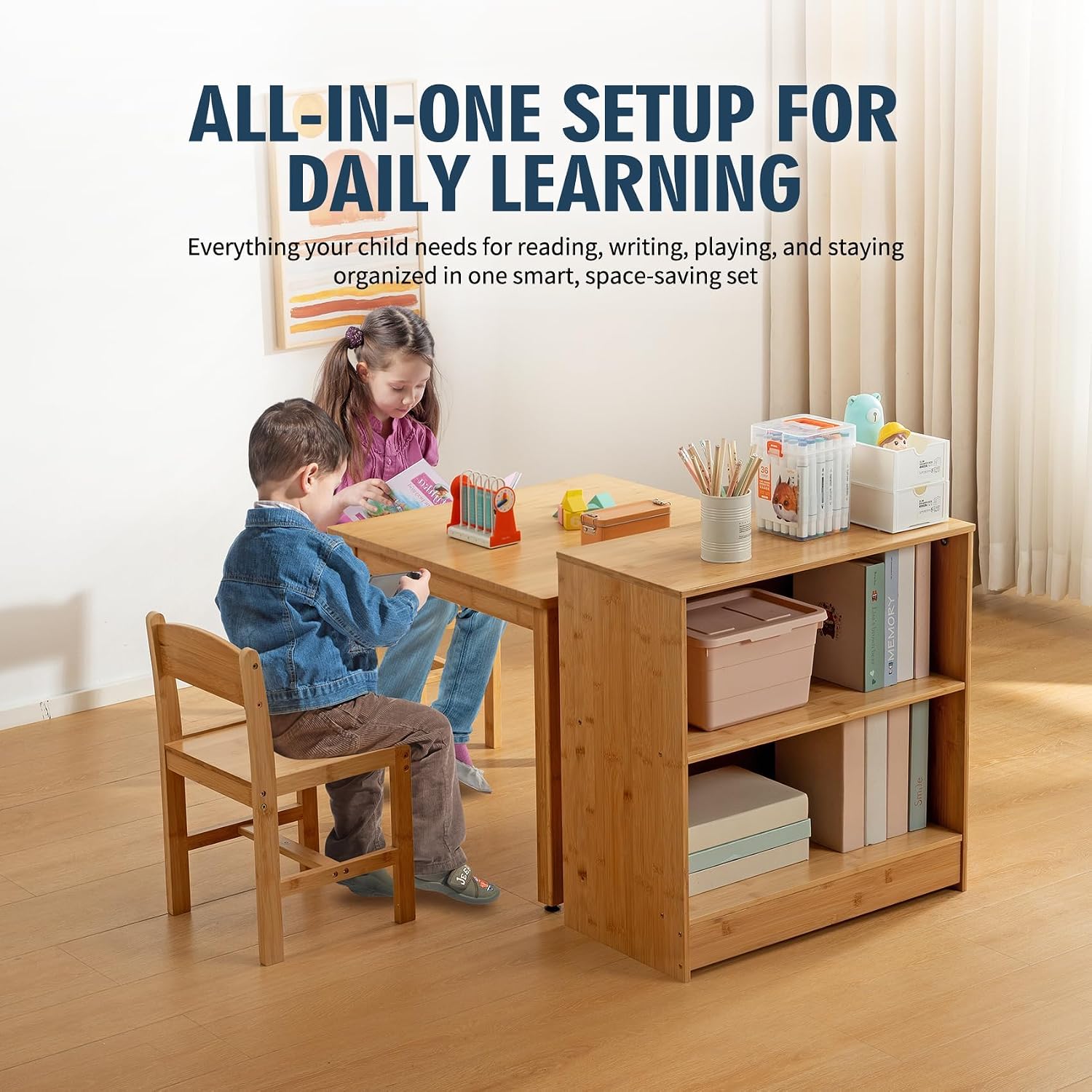 UNICOO Kids Table and 2 Chairs Set with Bookshelf, Bamboo Toddler Desk and Chair Set, Wooden Kids Activity Table and Study Desk for Reading, Writing, Drawing, Playroom, Classroom, Natural
