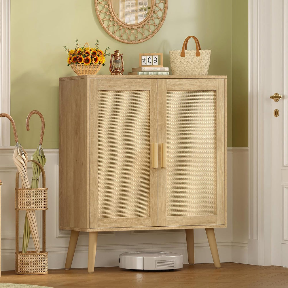 Iwell Storage Cabinet with 2 Shelves, Rattan Cabinet with 2 Doors, Sideboard ...