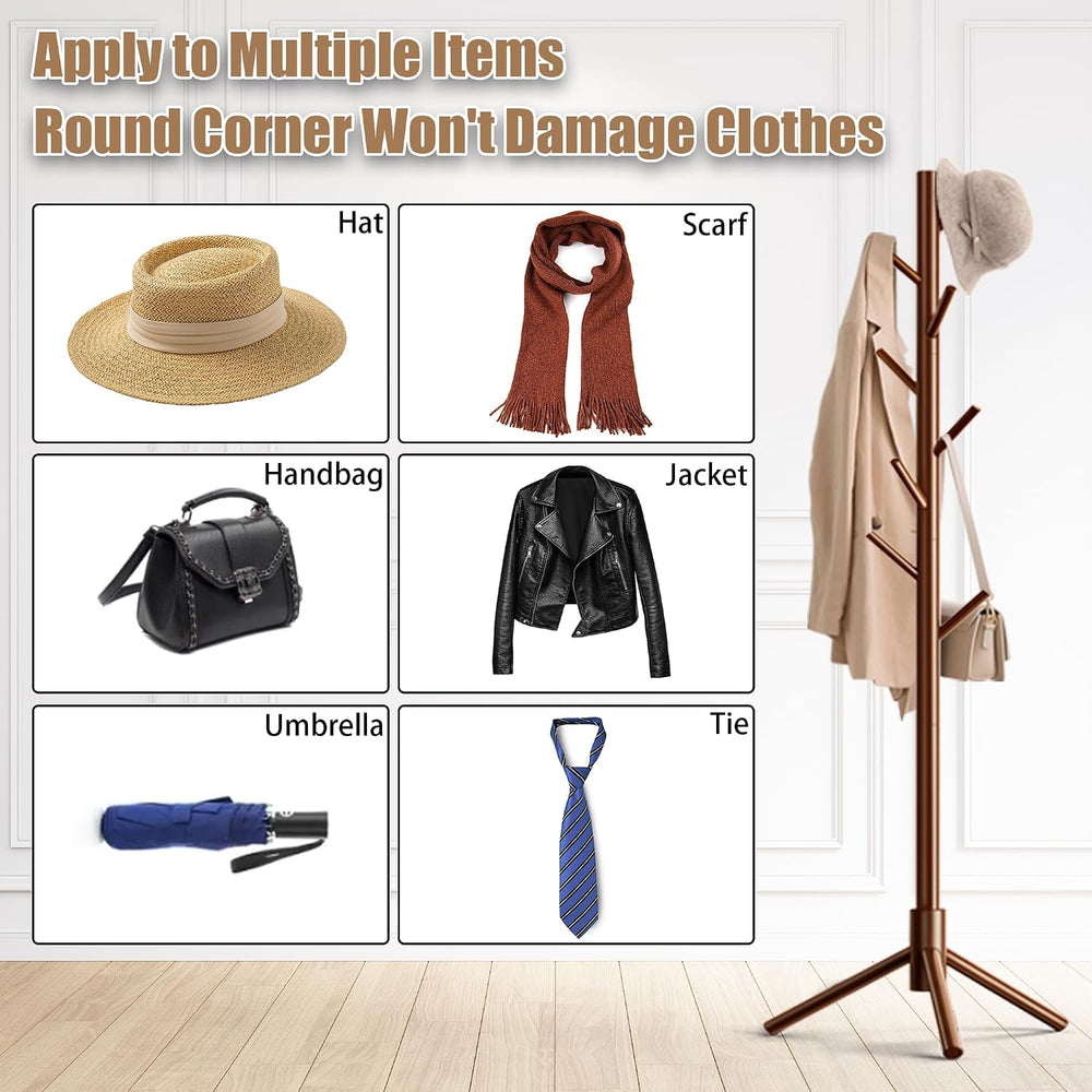 Wooden Coat Rack Stand, Freestanding Coat Rack with 8 Hooks, 3 Adjustable Siz...