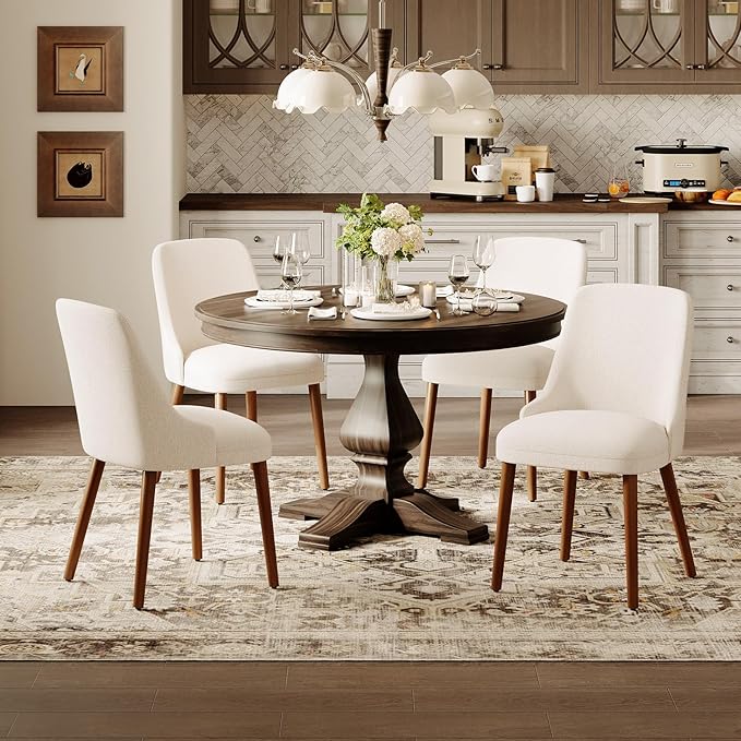 Dining Chairs Set of 4, Upholstered Dining Room Chair with Wood Legs, High-Back Padded Kitchen Chairs for Dining Room/Restaurant/Cafe, Beige