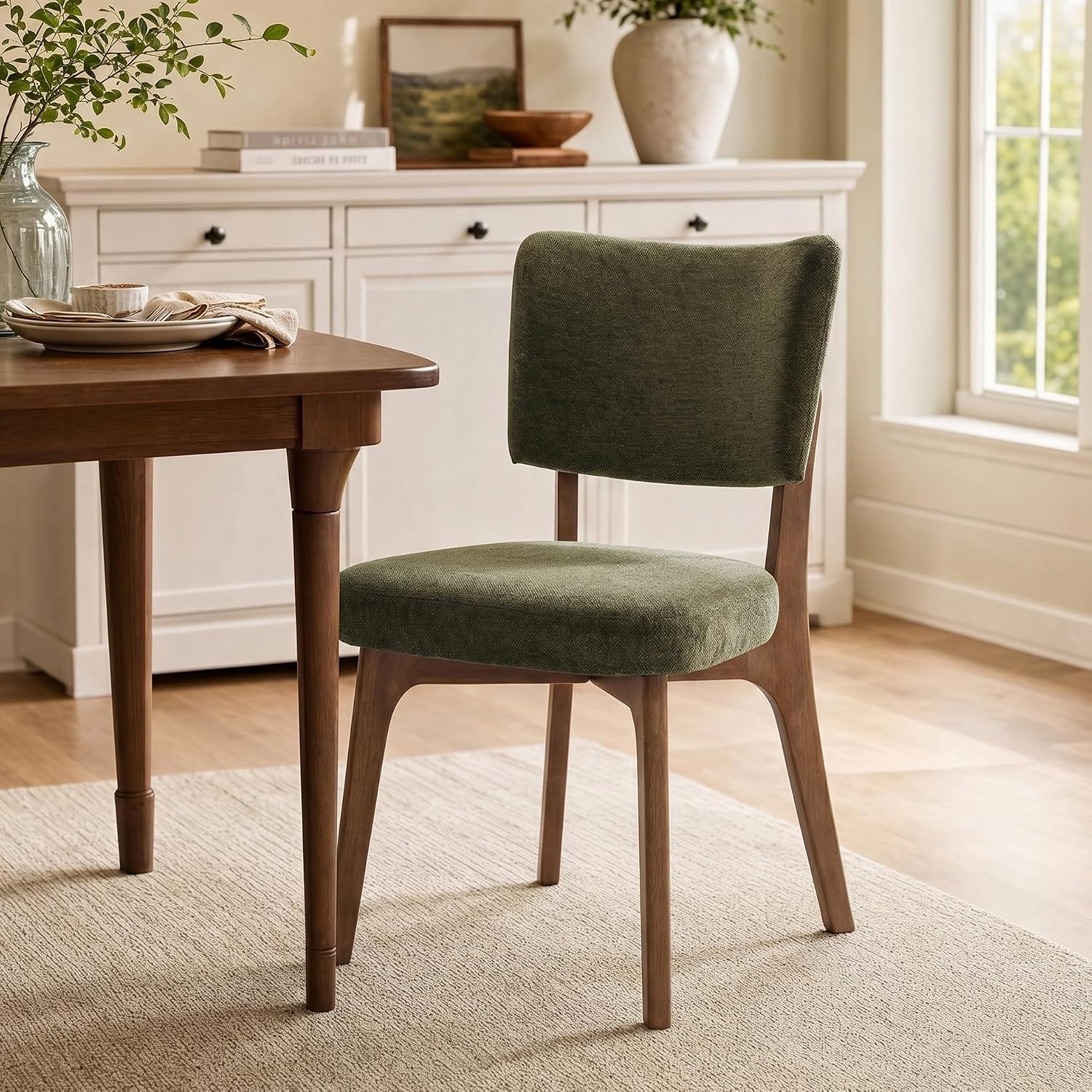 YOUNIKE Wooden Dining Chair, Chenille Fabric Upholstered Dining Room Chair Kitchen Side Chair, Farmhouse Dinner Chair with Solid Wood Legs for Kitchen Dining Vanity, Green (Single Pack)
