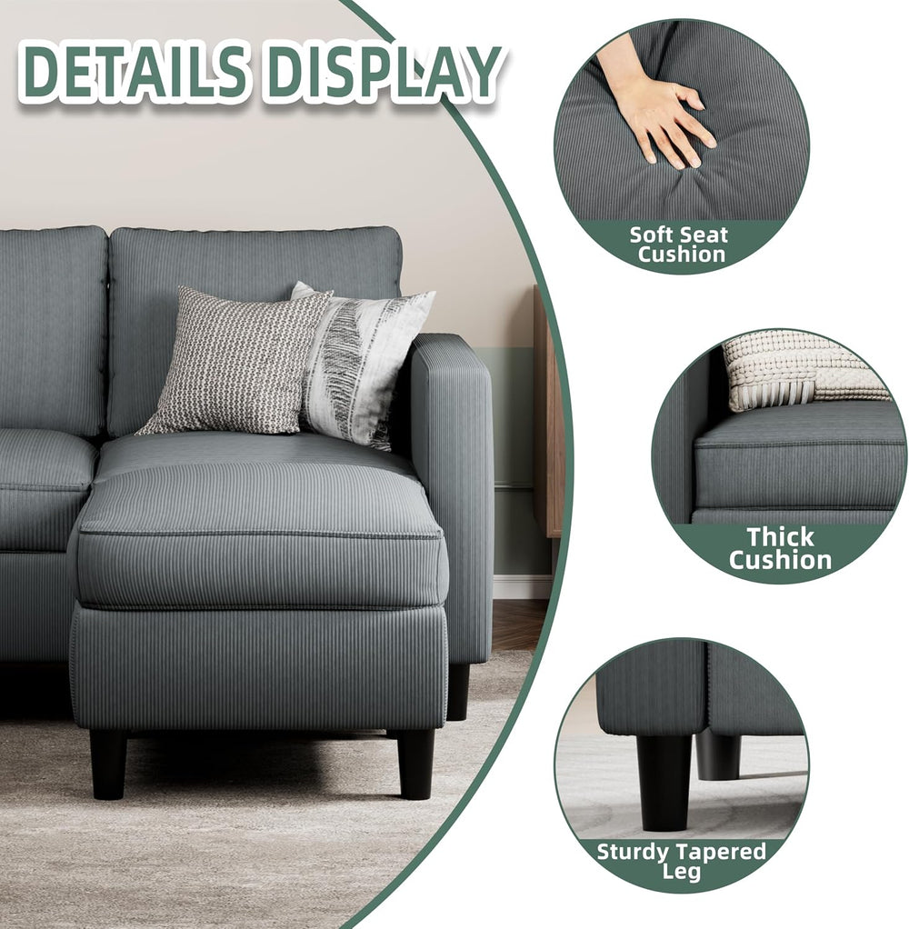 SUNLEI L-Shaped Sectional Couch, Modern Grey Reversible Sectional Sofa with R...